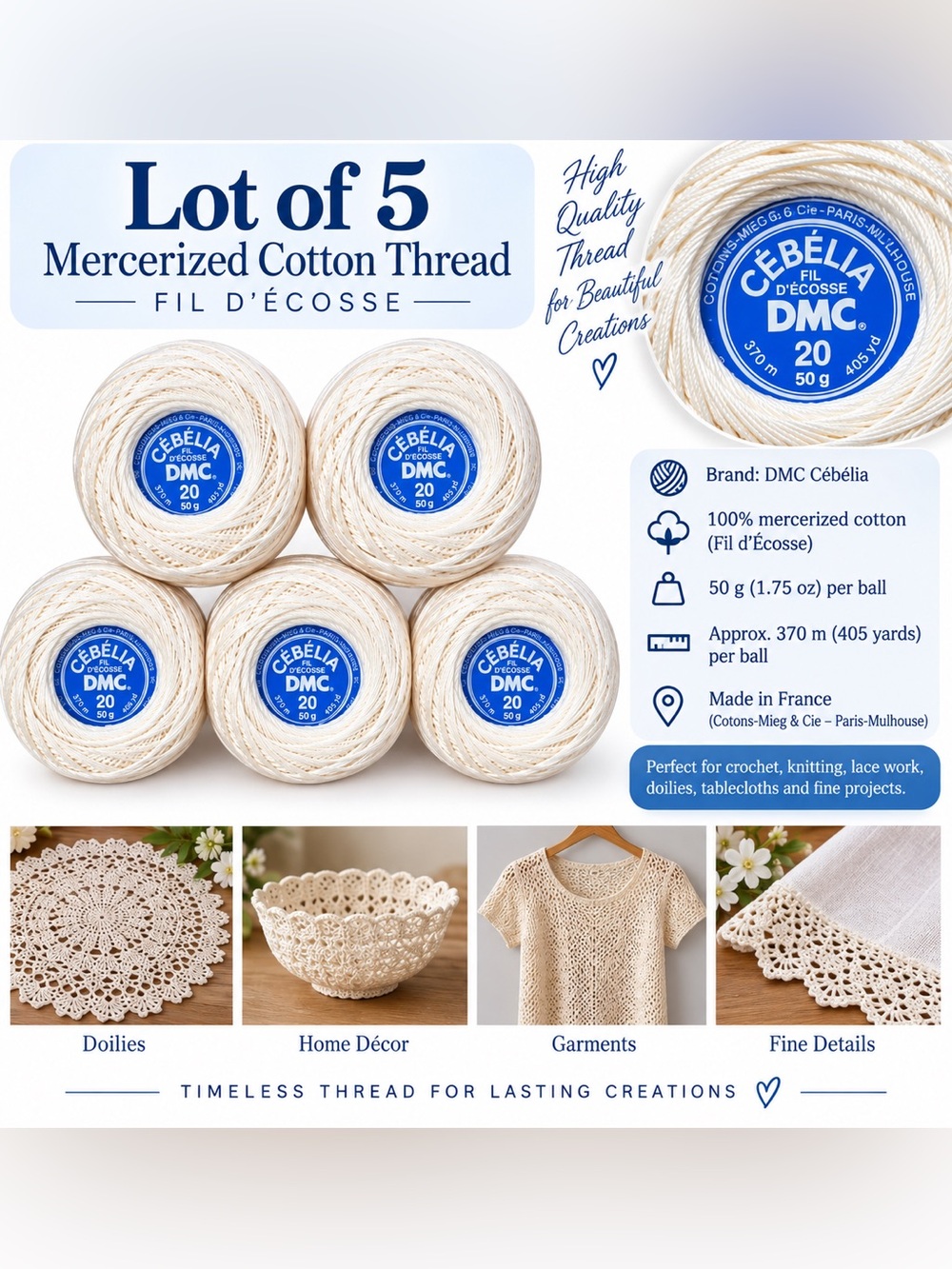 🧶 Lot of 5 DMC Cébélia Mercerized Cotton Thread – Ivory